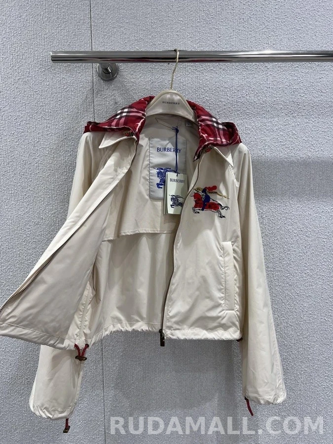 버버리 버버리 아이보리 전마 자수 체크 크롭 후드 재킷 상세 이미지
