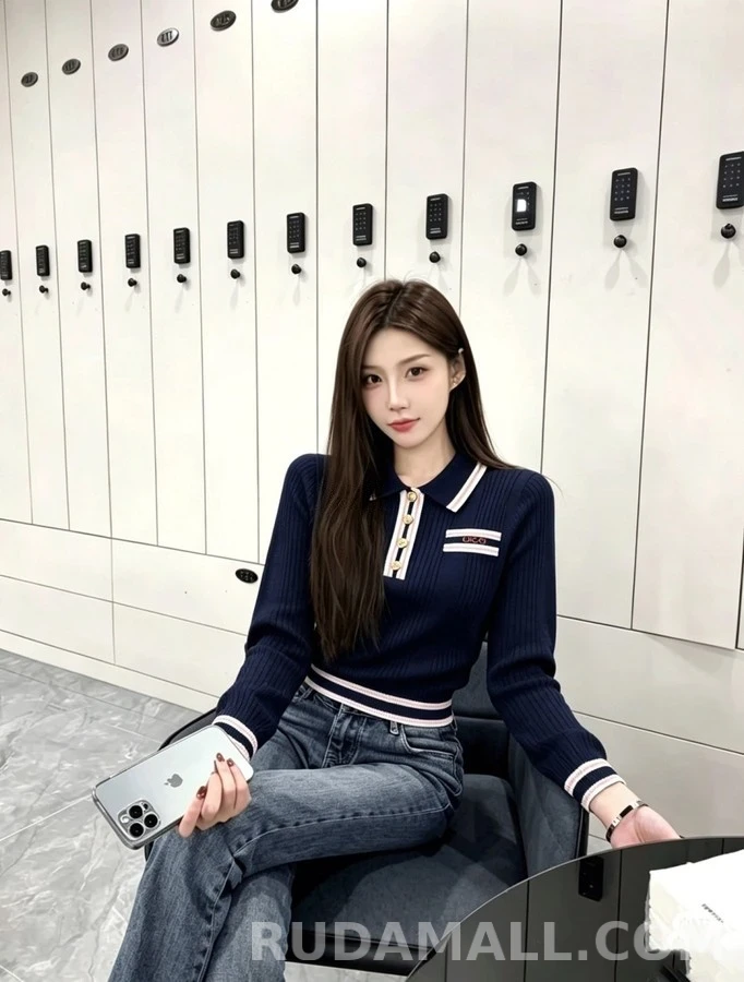 구찌 구찌 스트라이프 니트 폴로 긴팔 티셔츠 상세 이미지
