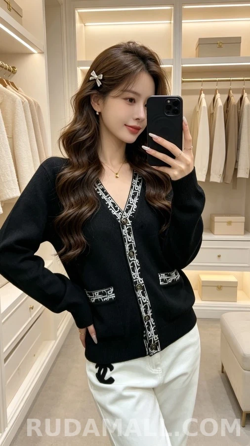 디올 디올 로고 자카드 배색 브이넥 가디건 상세 이미지