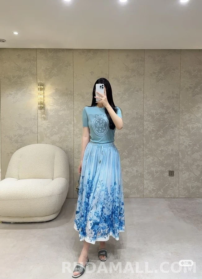 디올 디올 청화자 수묵 화조 프린트 롱 스커트 상세 이미지