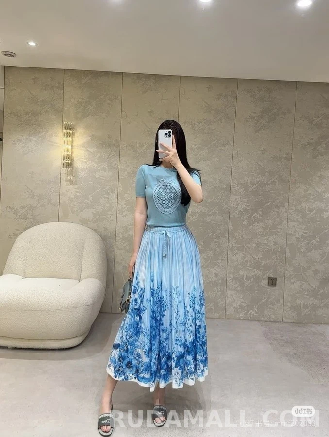 디올 디올 청화자 수묵 화조 프린트 롱 스커트 상세 이미지
