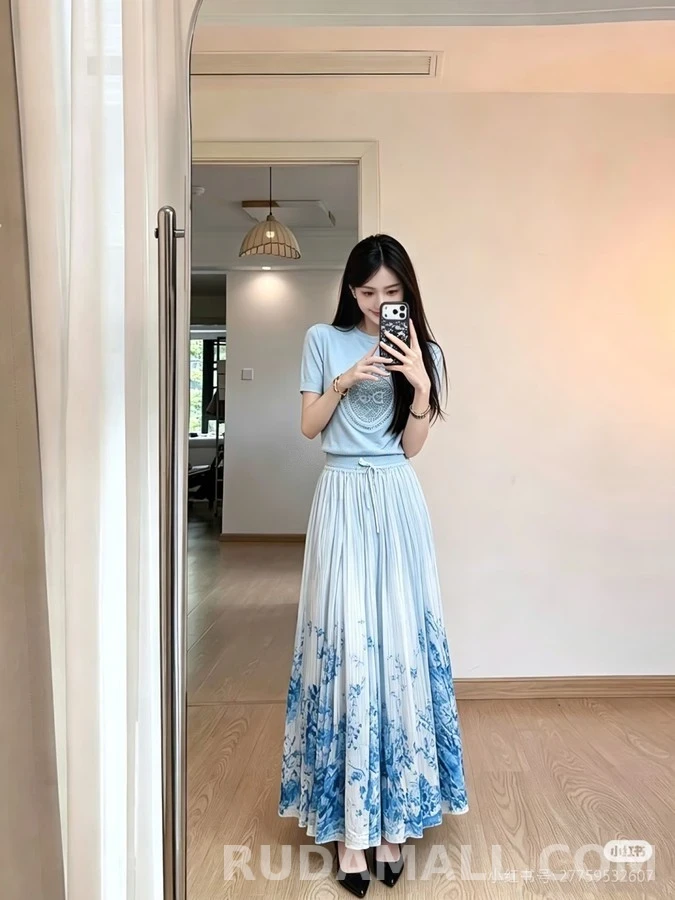 디올 디올 청화자 수묵 화조 프린트 롱 스커트 상세 이미지