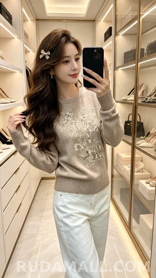 디올 디올 플라워 나비 자수 라운드넥 니트 상세 이미지