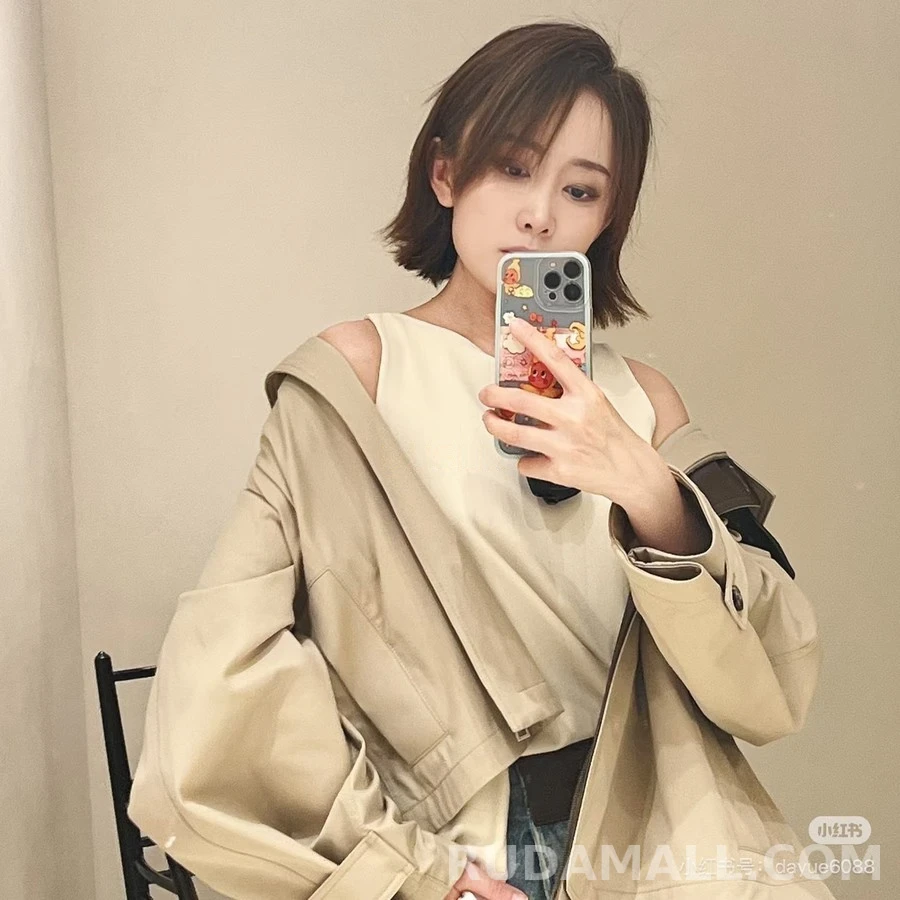 로에베 로에베 베이지 가죽 트리밍 케이프 쇼트 트렌치 상세 이미지