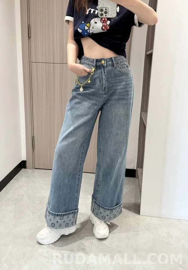 루이비통 루이비통 금속 네잎클로버 하이웨이스트 와이드 데님 팬츠 상세 이미지