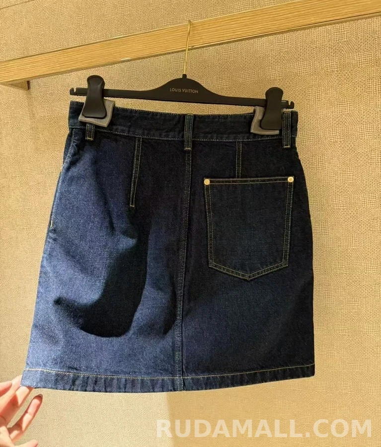 루이비통 루이비통 레트로 딥블루 워싱 하이웨이스트 정교한 스티치 메탈 장식 A라인 데님 미디 스커트 상세 이미지