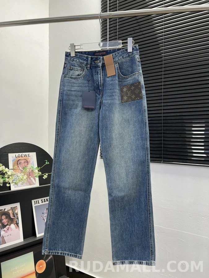 루이비통 루이비통 모노그램 가죽 패치 데님 팬츠 상세 이미지