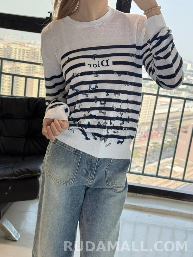 디올 디올 스트라이프 리본 자수 긴팔 티셔츠 상세 이미지