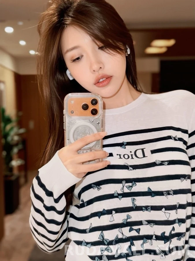 디올 디올 스트라이프 리본 자수 긴팔 티셔츠 상세 이미지