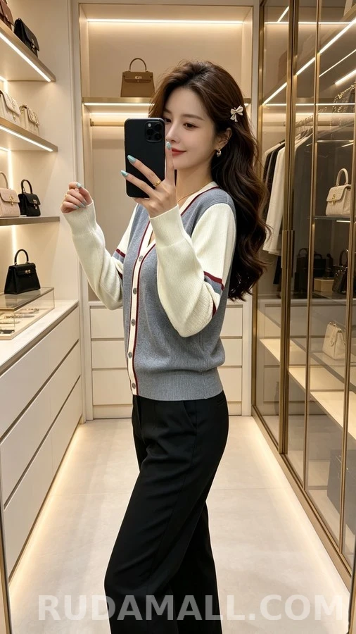 톰브라운 톰브라운 배색 스트라이프 브이넥 가디건 상세 이미지