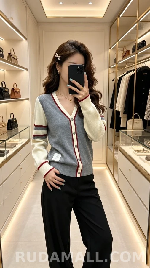 톰브라운 톰브라운 배색 스트라이프 브이넥 가디건 상세 이미지