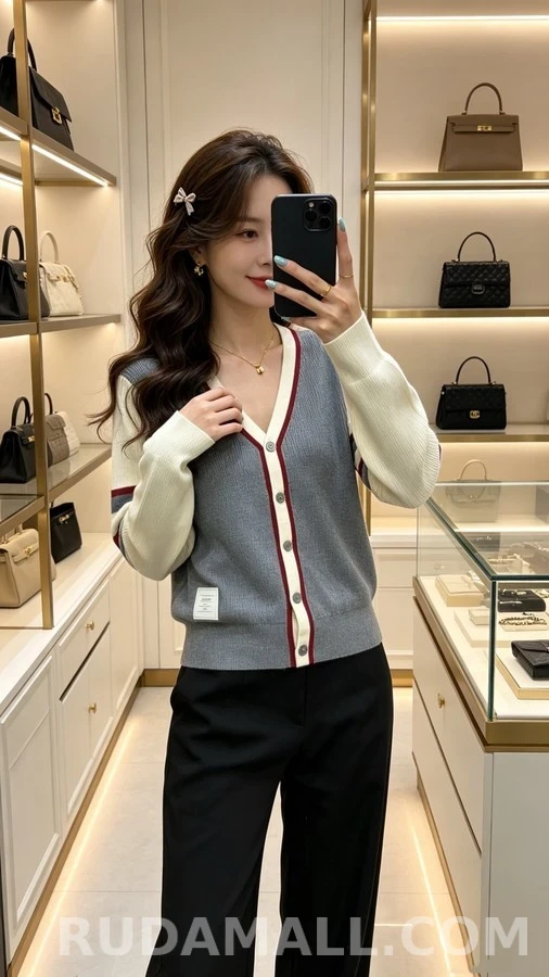 톰브라운 톰브라운 배색 스트라이프 브이넥 가디건 상세 이미지