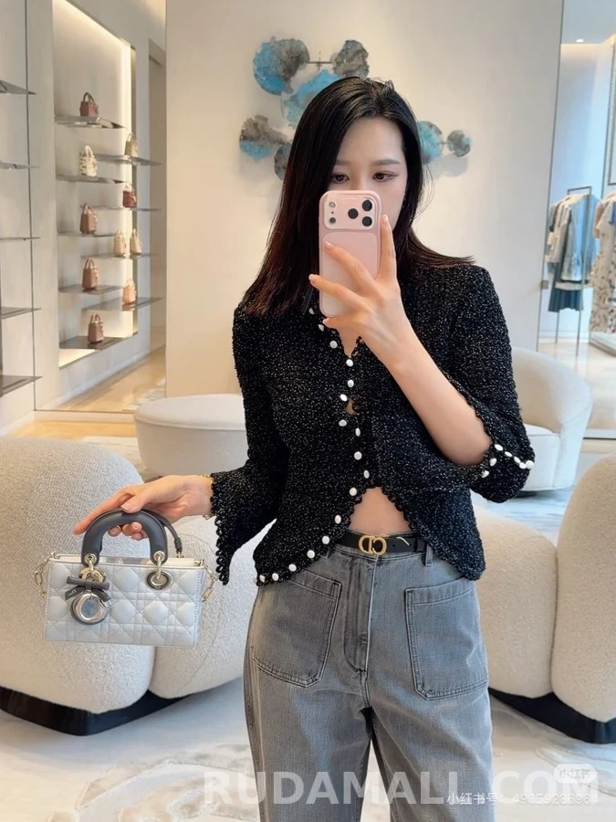 디올 디올 스펙클 하이넥 진주 버튼 가디건 상세 이미지