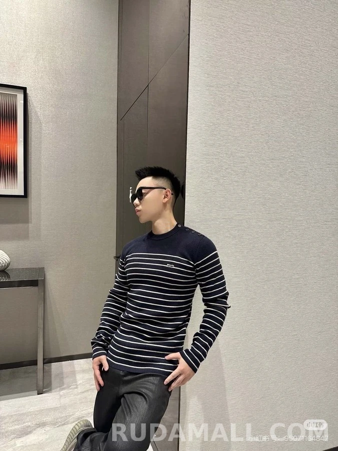 프라다 프라다 스트라이프 자수 숄더 버튼 니트 상세 이미지