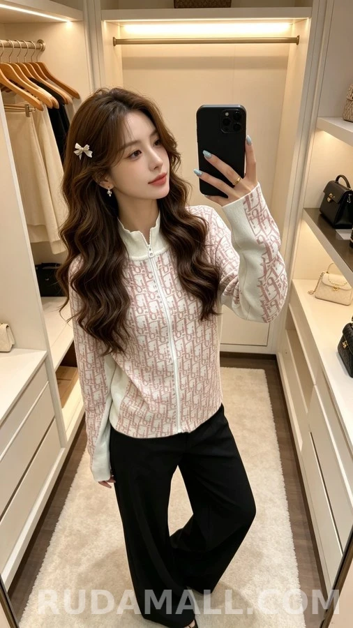 디올 디올 모노그램 자카드 스탠드넥 집업 니트 상세 이미지