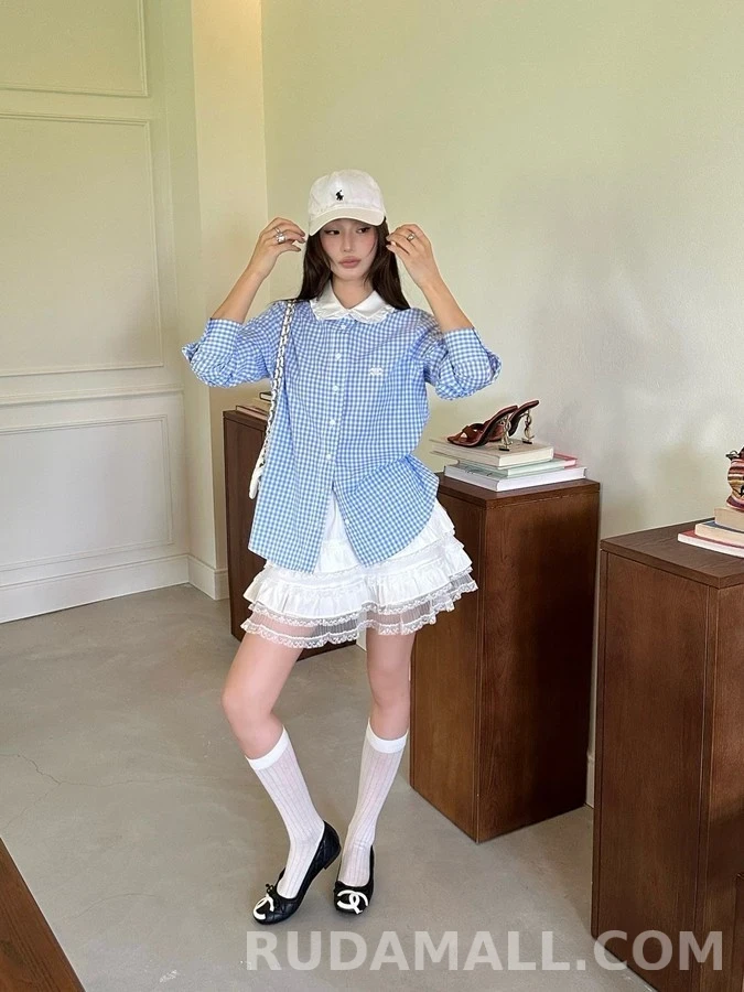 셀린느 셀린느 체크 프릴 카라 셔츠 상세 이미지