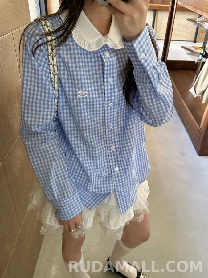 셀린느 셀린느 체크 프릴 카라 셔츠 상세 이미지