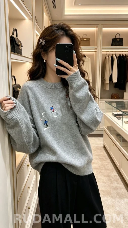 디올 디올 스키 자수 라운드넥 니트 그레이 상세 이미지