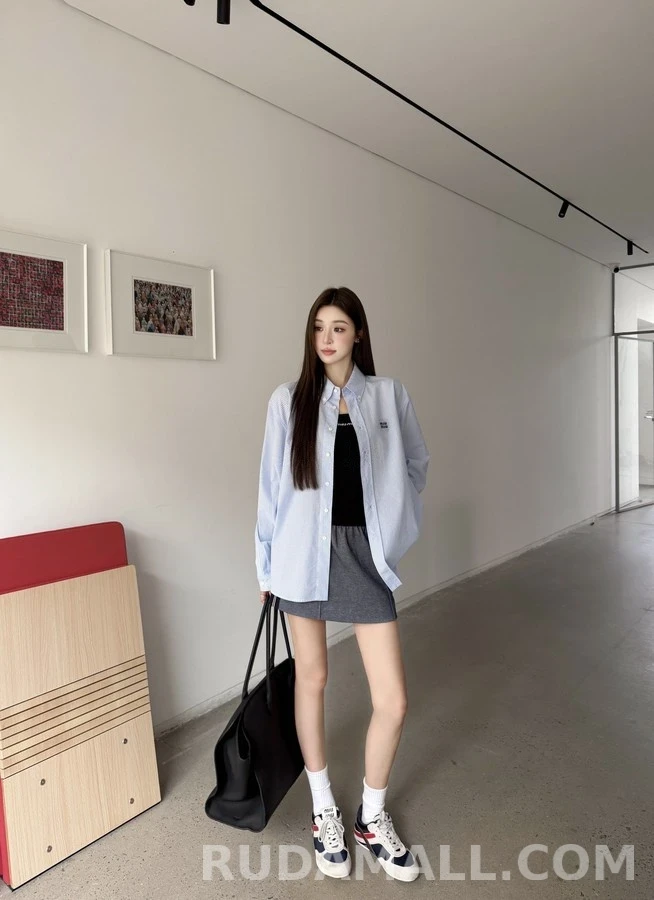 미우미우 미우미우 로고 체크 셔츠 스카이블루 상세 이미지