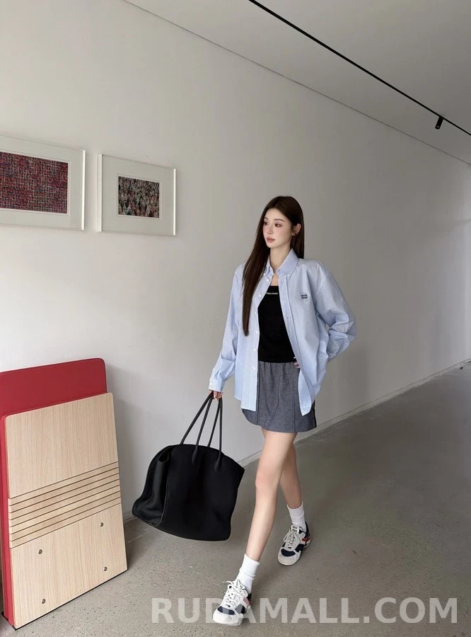 미우미우 미우미우 로고 체크 셔츠 스카이블루 상세 이미지