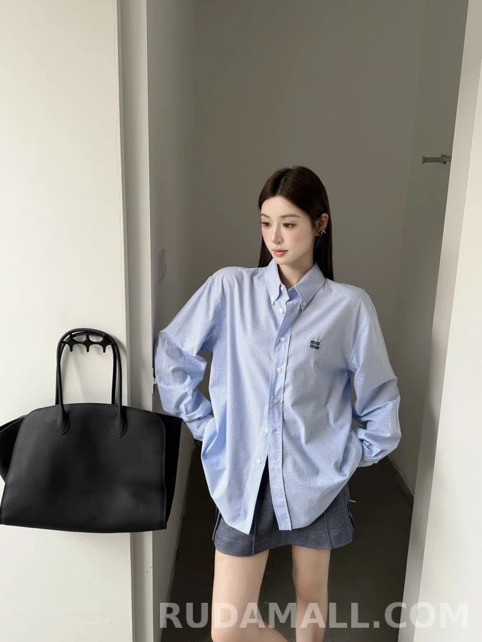미우미우 미우미우 로고 체크 셔츠 스카이블루 상세 이미지