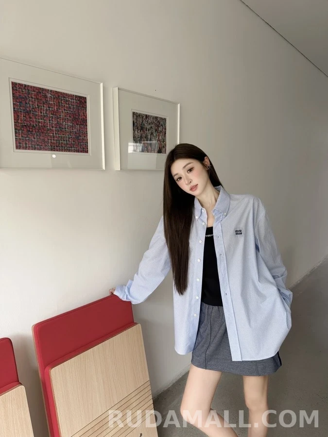 미우미우 미우미우 로고 체크 셔츠 스카이블루 상세 이미지