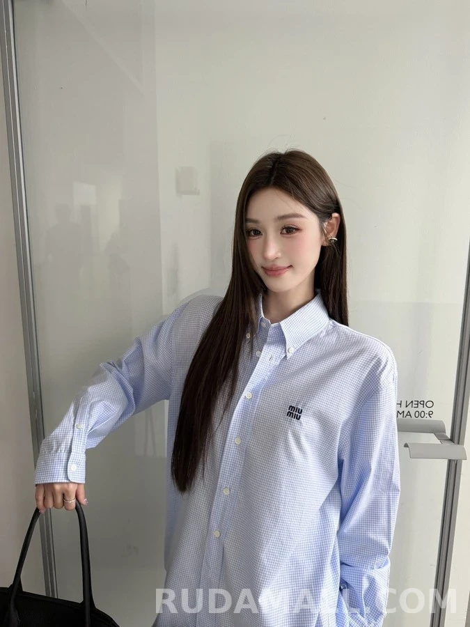 미우미우 미우미우 로고 체크 셔츠 스카이블루 상세 이미지