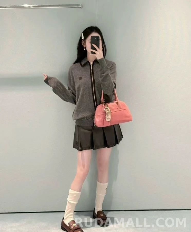 미우미우 미우미우 가죽 배색 카라 지퍼 니트 가디건 상세 이미지
