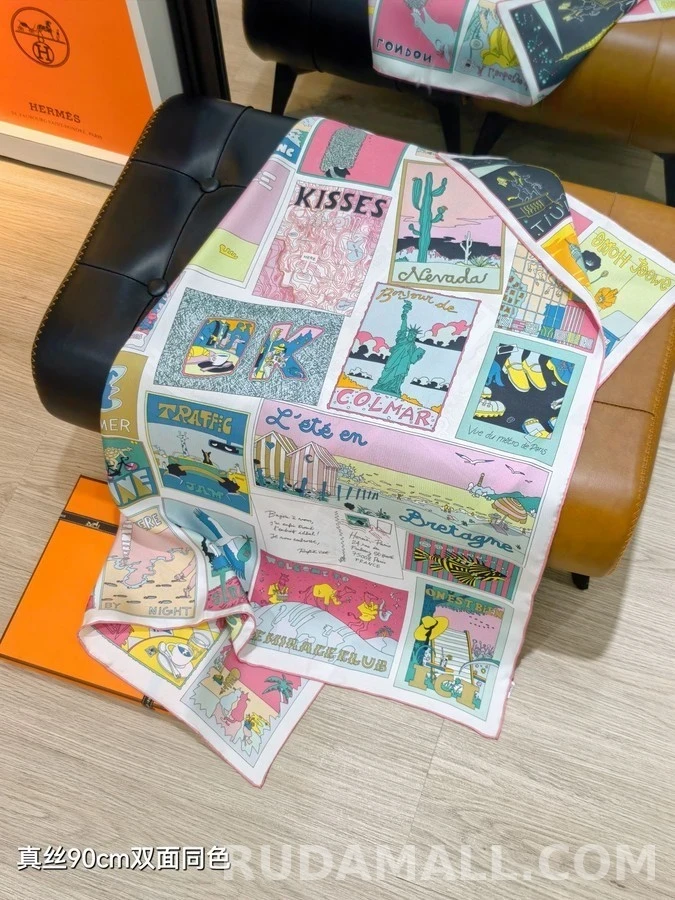에르메스 에르메스 컬러풀 여행 포스터 스카프 상세 이미지