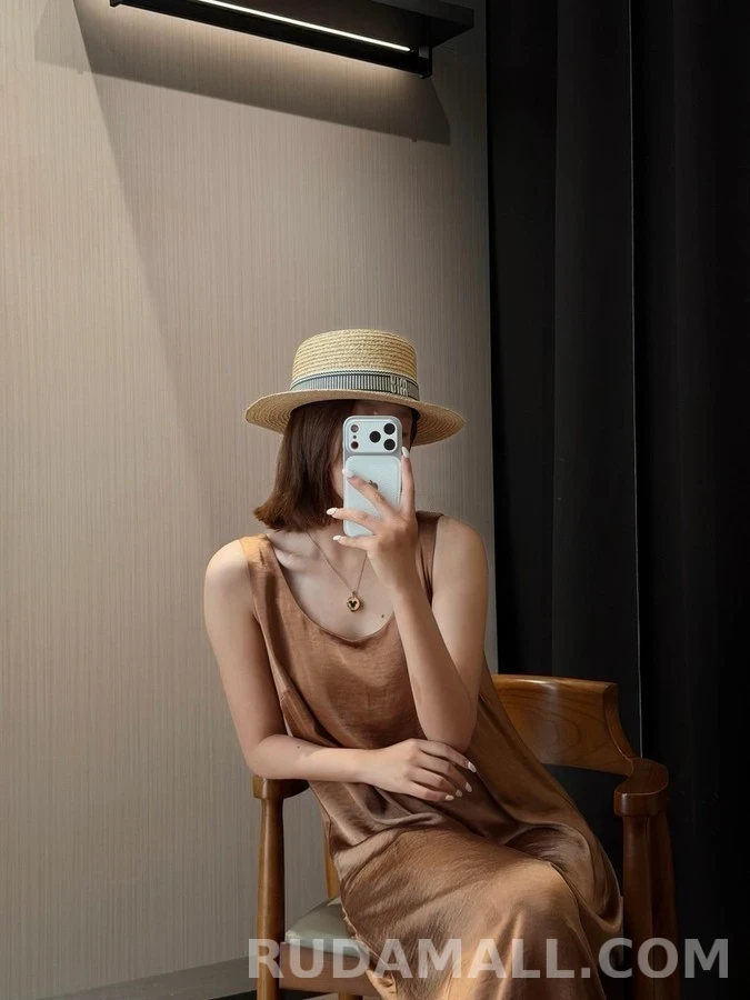 미우미우 미우미우 레터링 스트라이프 평탑 라피아 햇 상세 이미지