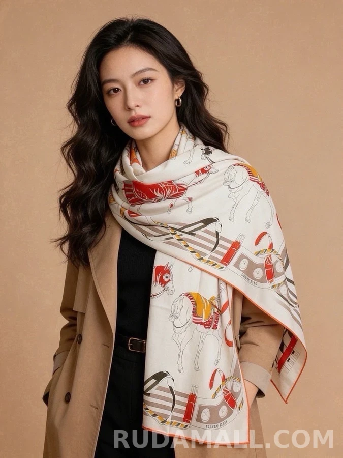 에르메스 에르메스 말과 승마 장비 패턴 스카프 상세 이미지