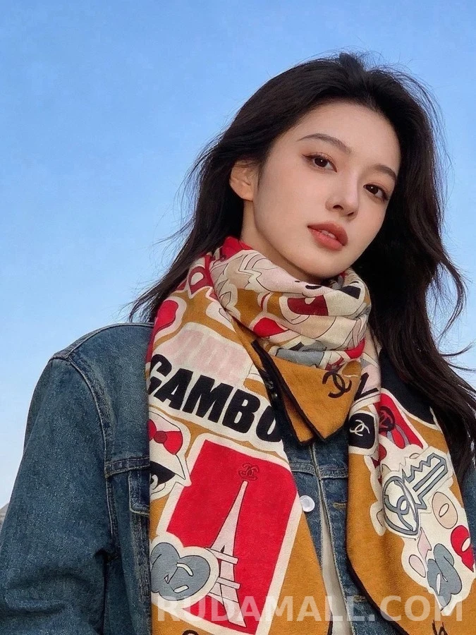 샤넬 샤넬 스티커 모티프 실크 캐시미어 숄 상세 이미지