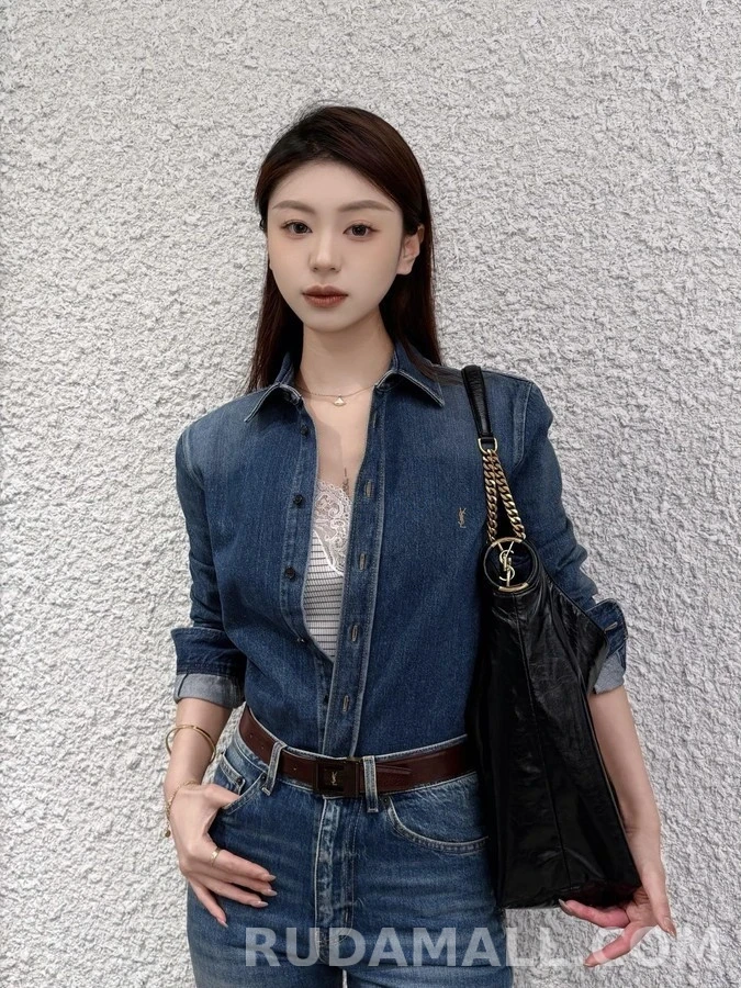 생로랑 세인트로랑 로고 자수 데님 셔츠 상세 이미지