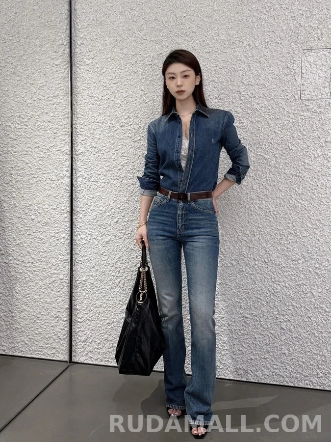 생로랑 세인트로랑 로고 자수 데님 셔츠 상세 이미지