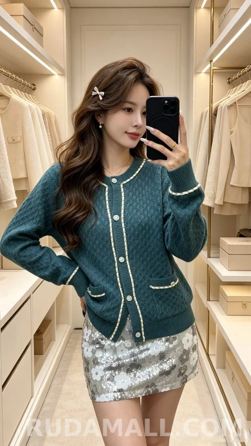 샤넬 샤넬 텍스처드 체인 트림 라운드넥 가디건 상세 이미지