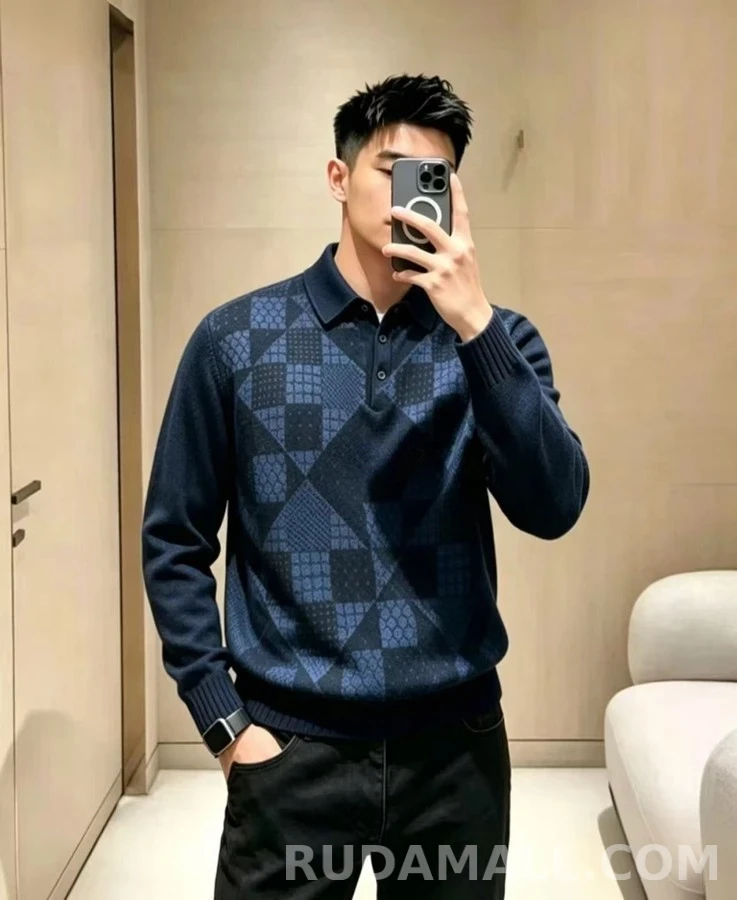 루이비통 루이비통 기하학 패치워크 니트 폴로 셔츠 상세 이미지