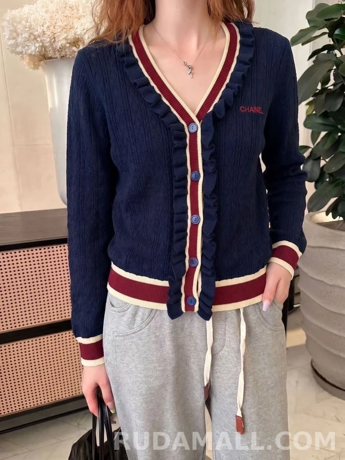 샤넬 샤넬 브이넥 러플 스트라이프 가디건 상세 이미지