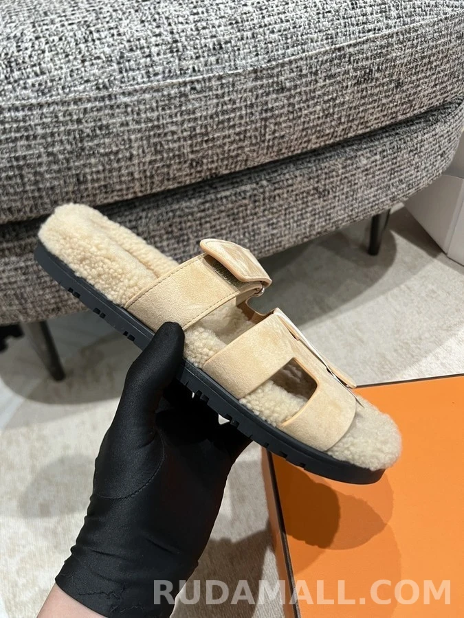 에르메스 에르메스 H 로고 스웨이드 퍼 슬라이드 상세 이미지