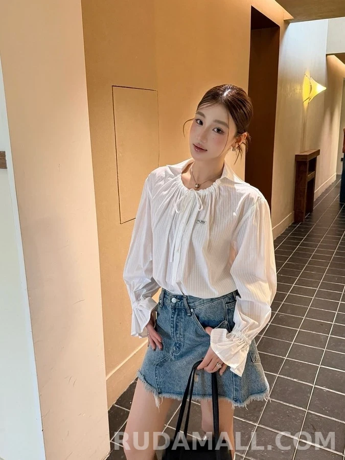 미우미우 미우미우 드로스트링 러플 소매 셔츠 상세 이미지