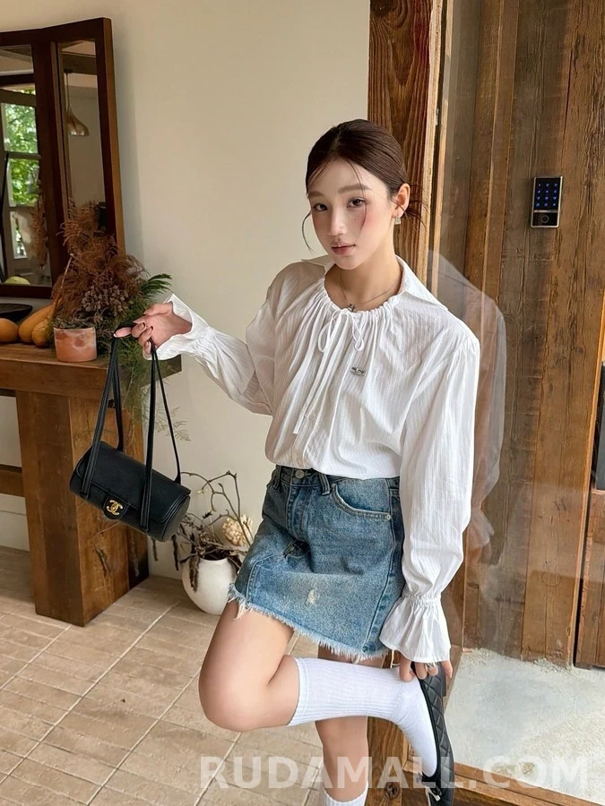 미우미우 미우미우 드로스트링 러플 소매 셔츠 상세 이미지