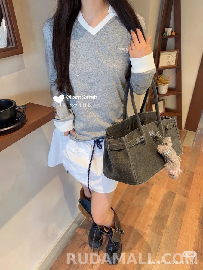 미우미우 미우미우 배색 카라 긴팔 티셔츠 상세 이미지