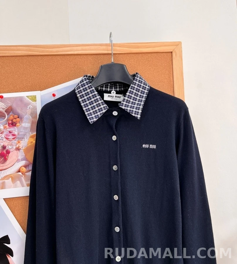 미우미우 미우미우 탈착식 체크 칼라 니트 셔츠 상세 이미지