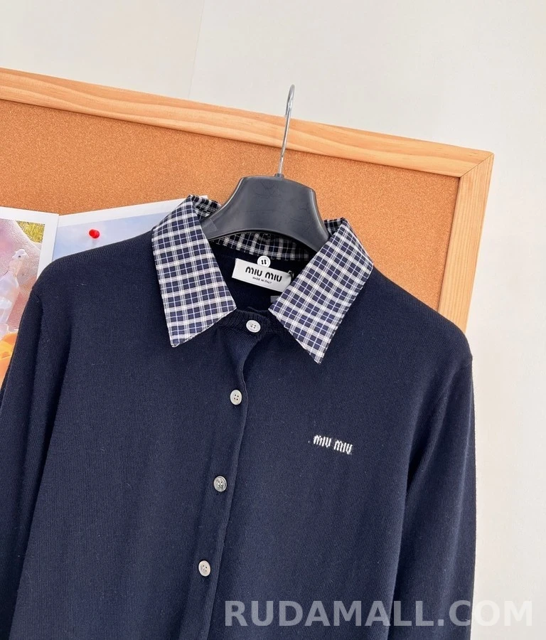 미우미우 미우미우 탈착식 체크 칼라 니트 셔츠 상세 이미지