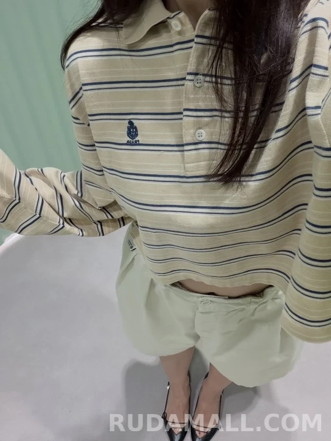 폴로 랄프 로렌 폴로 랄프 로렌 스트라이프 크롭 폴로 긴팔 티셔츠 상세 이미지