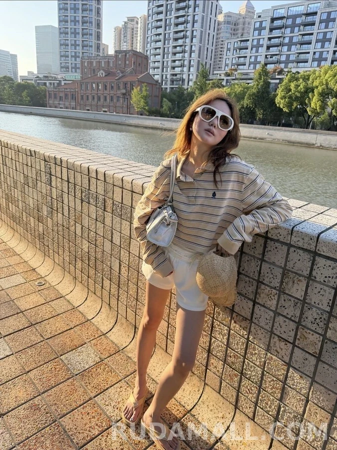 폴로 랄프 로렌 폴로 랄프 로렌 스트라이프 크롭 폴로 긴팔 티셔츠 상세 이미지