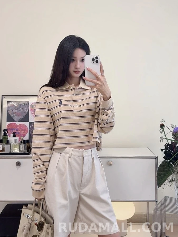 폴로 랄프 로렌 폴로 랄프 로렌 스트라이프 크롭 폴로 긴팔 티셔츠 상세 이미지