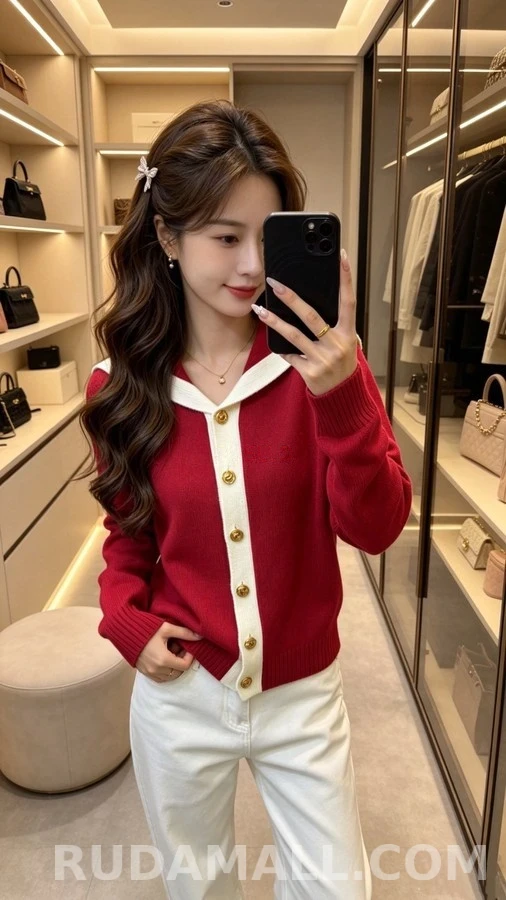 샤넬 샤넬 배색 세일러넥 가디건 상세 이미지