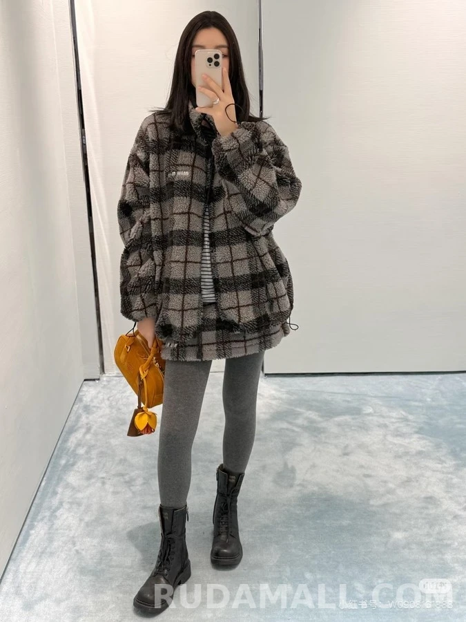 미우미우 미우미우 격자무늬 플리스 스탠드넥 자켓 상세 이미지