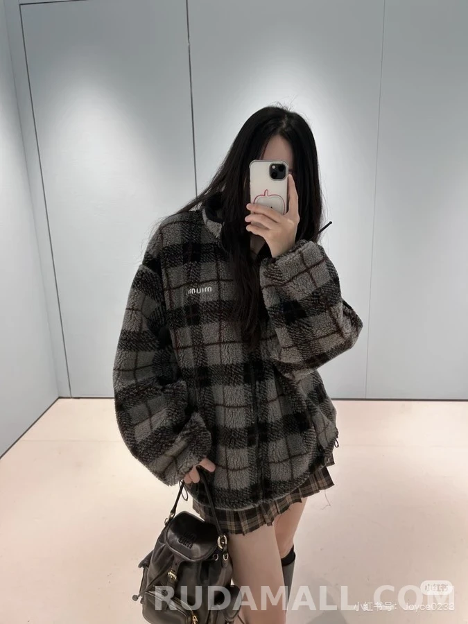 미우미우 미우미우 격자무늬 플리스 스탠드넥 자켓 상세 이미지