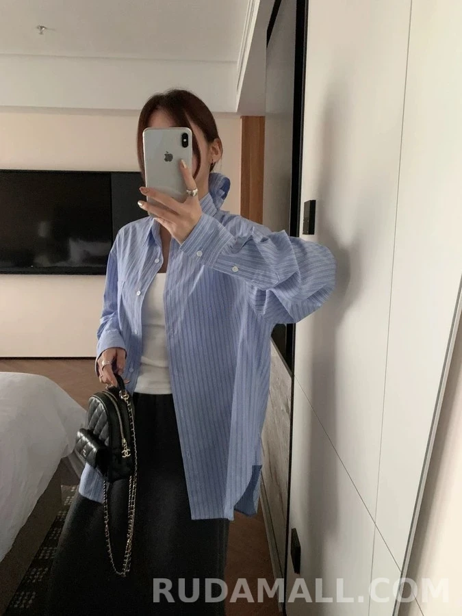 생로랑 세인트로랑 로고 스트라이프 셔츠 상세 이미지